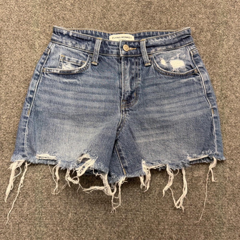 Flying Monkey Mid-Rise Distressed Denim Shorts Medium Wash Raw Hem Size 23